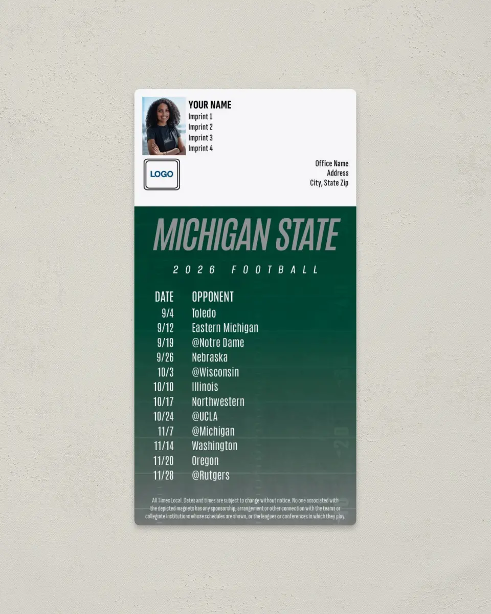 This is a 7" x 3½" Football Schedule Magnet called Michigan State Spartans printed in full color