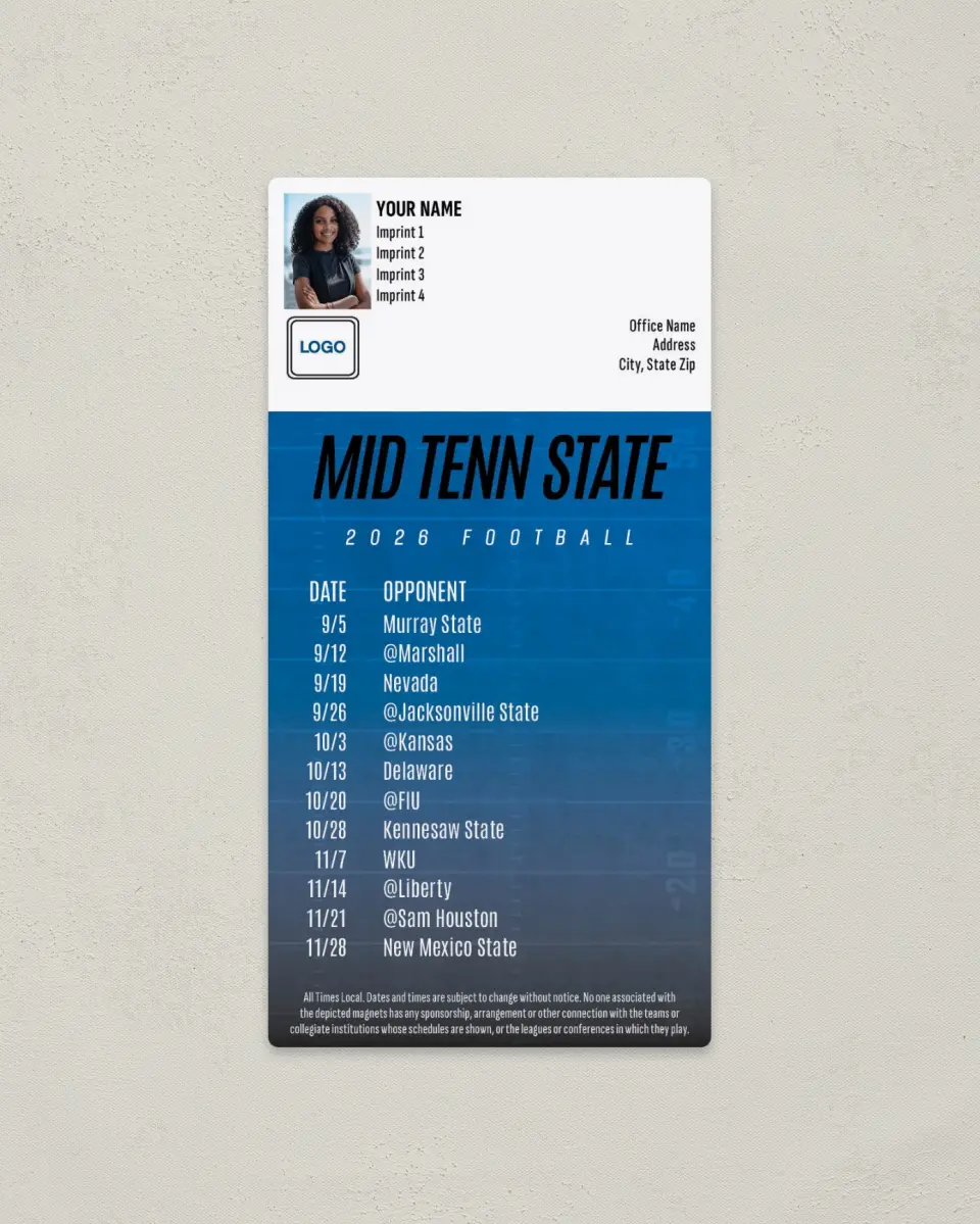 This is a 7" x 3½" Football Schedule Magnet called Middle Tenn State Blue Raiders printed in full color
