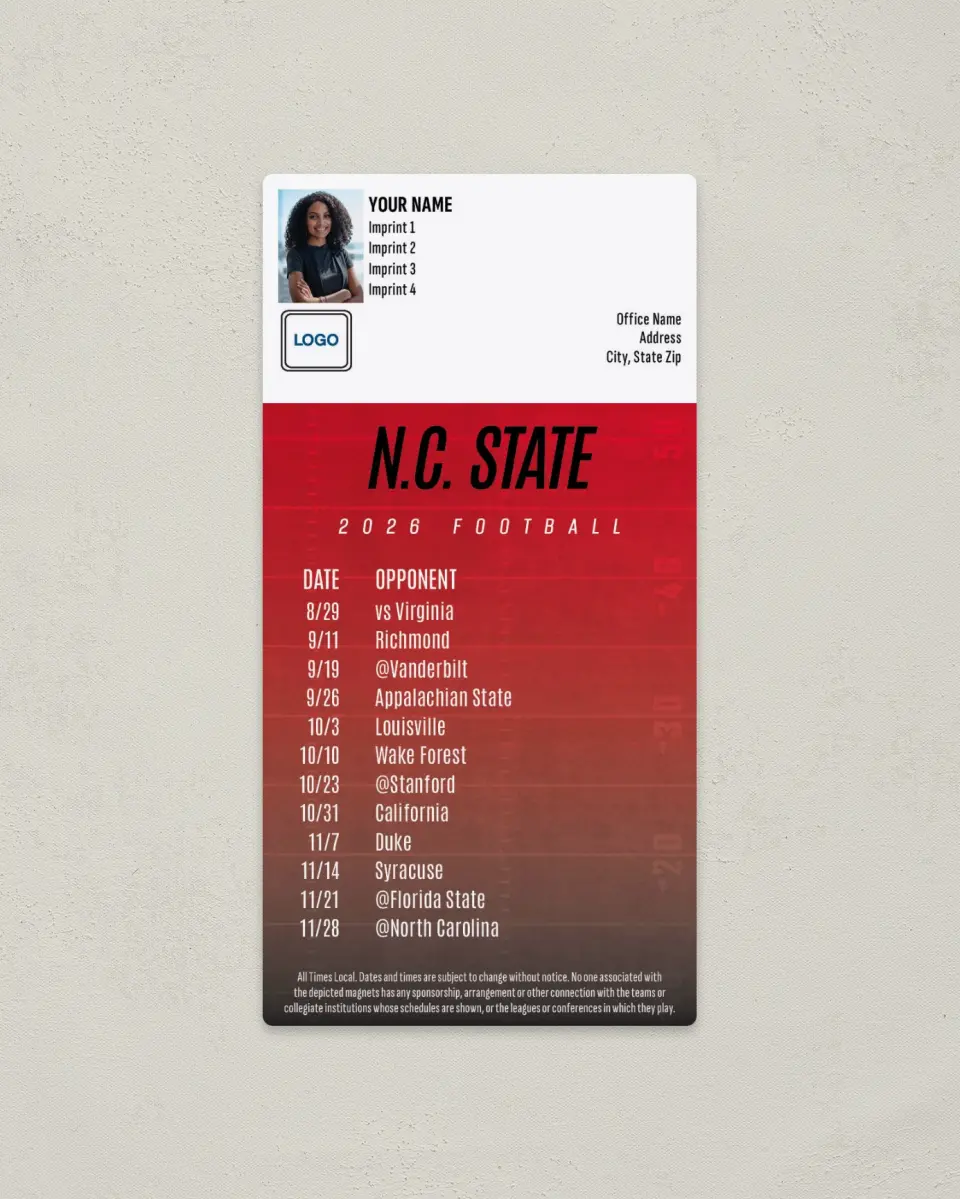 This is a 7" x 3½" Football Schedule Magnet called NC State Wolfpack printed in full color