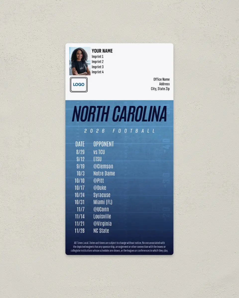 This is a 7" x 3½" Football Schedule Magnet called North Carolina TarHeels printed in full color