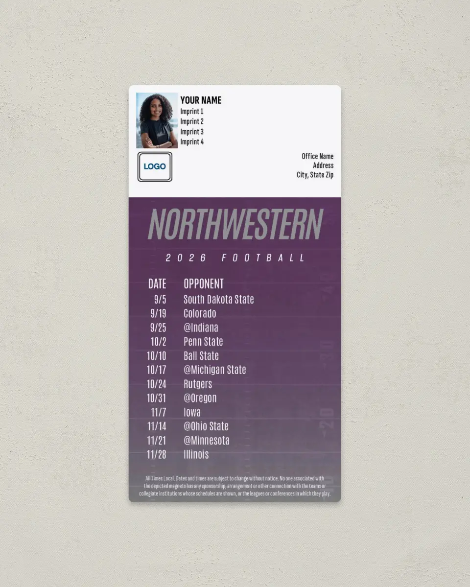 This is a 7" x 3½" Football Schedule Magnet called Northwestern Wildcats printed in full color
