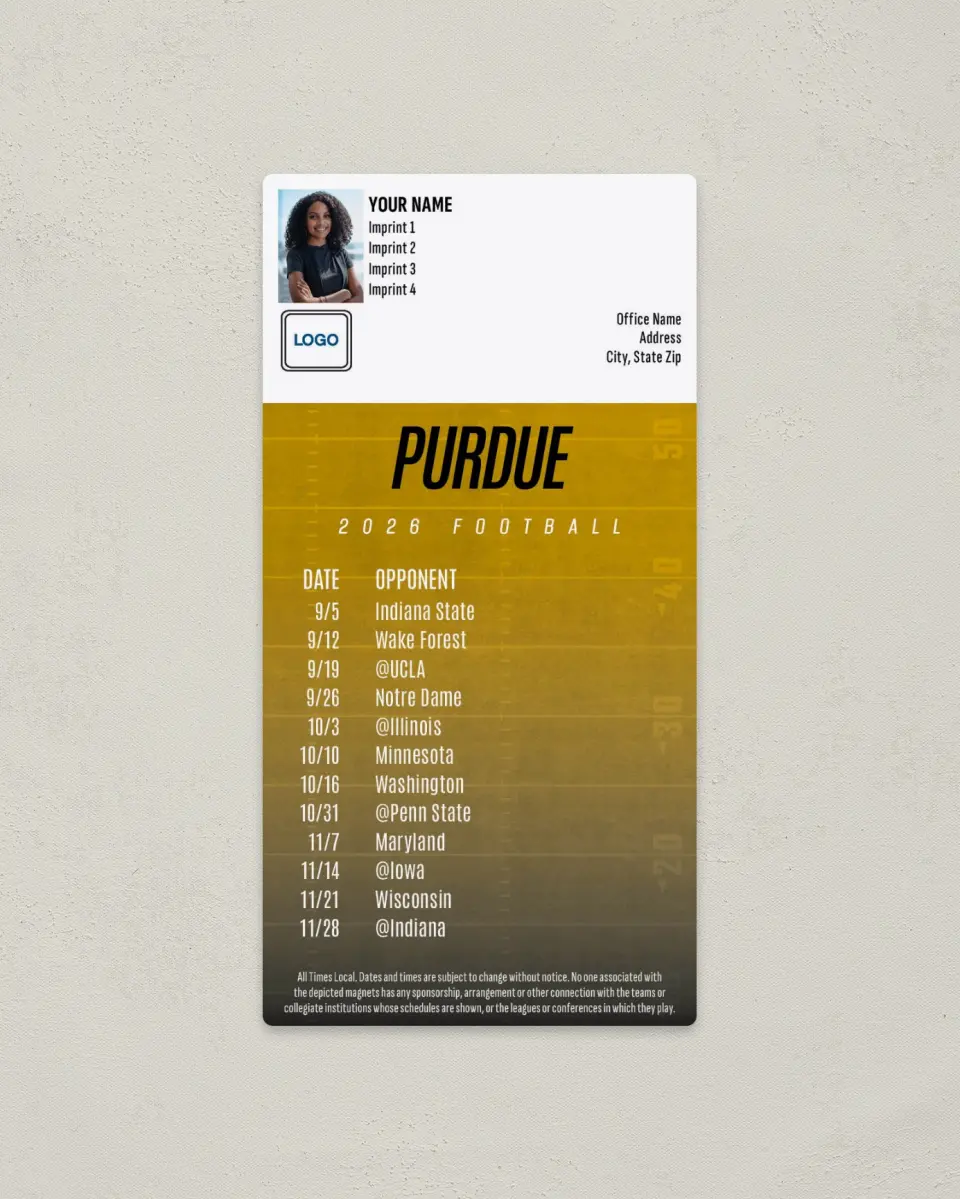This is a 7" x 3½" Football Schedule Magnet called Purdue Boilermakers printed in full color