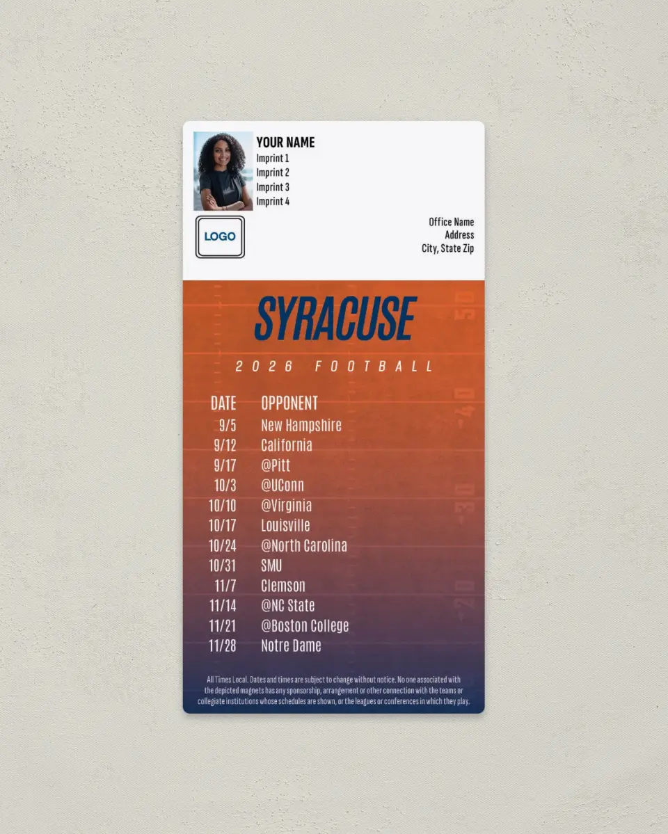 This is a 7" x 3½" Football Schedule Magnet called Syracuse Orange printed in full color