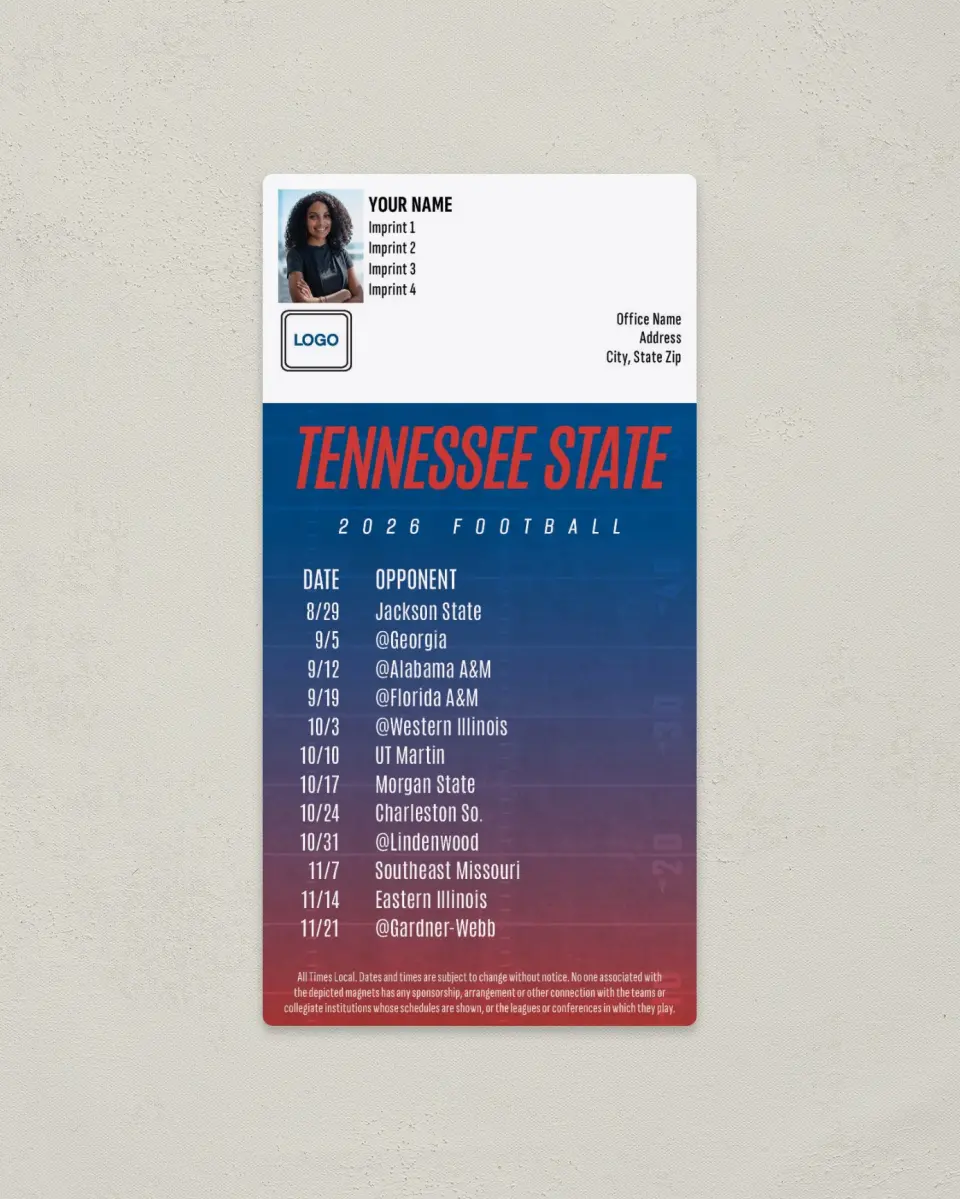This is a 7" x 3½" Football Schedule Magnet called Tennessee State printed in full color