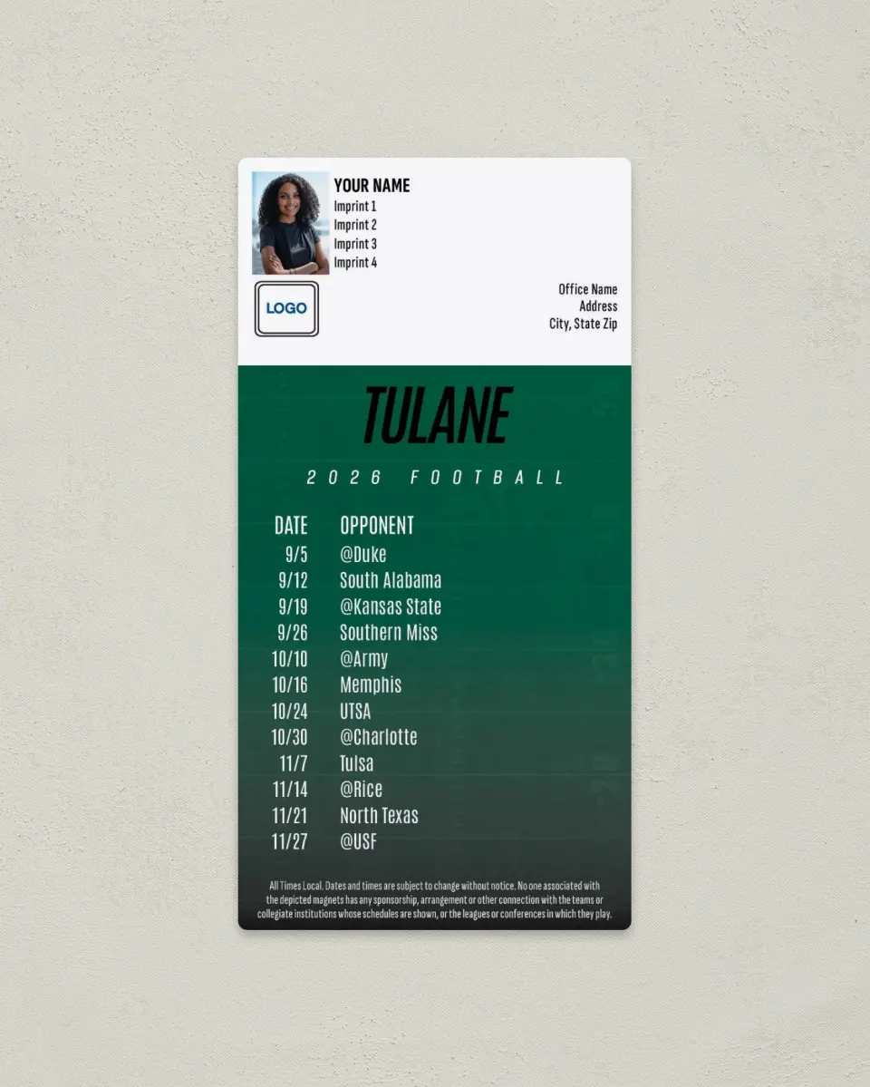 This is a 7" x 3½" Football Schedule Magnet called Tulane Green Wave printed in full color
