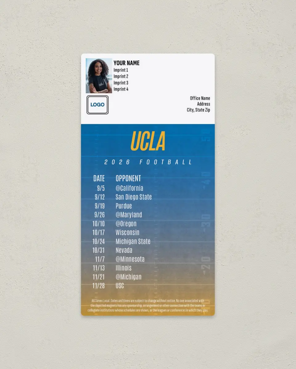 This is a 7" x 3½" Football Schedule Magnet called UCLA printed in full color