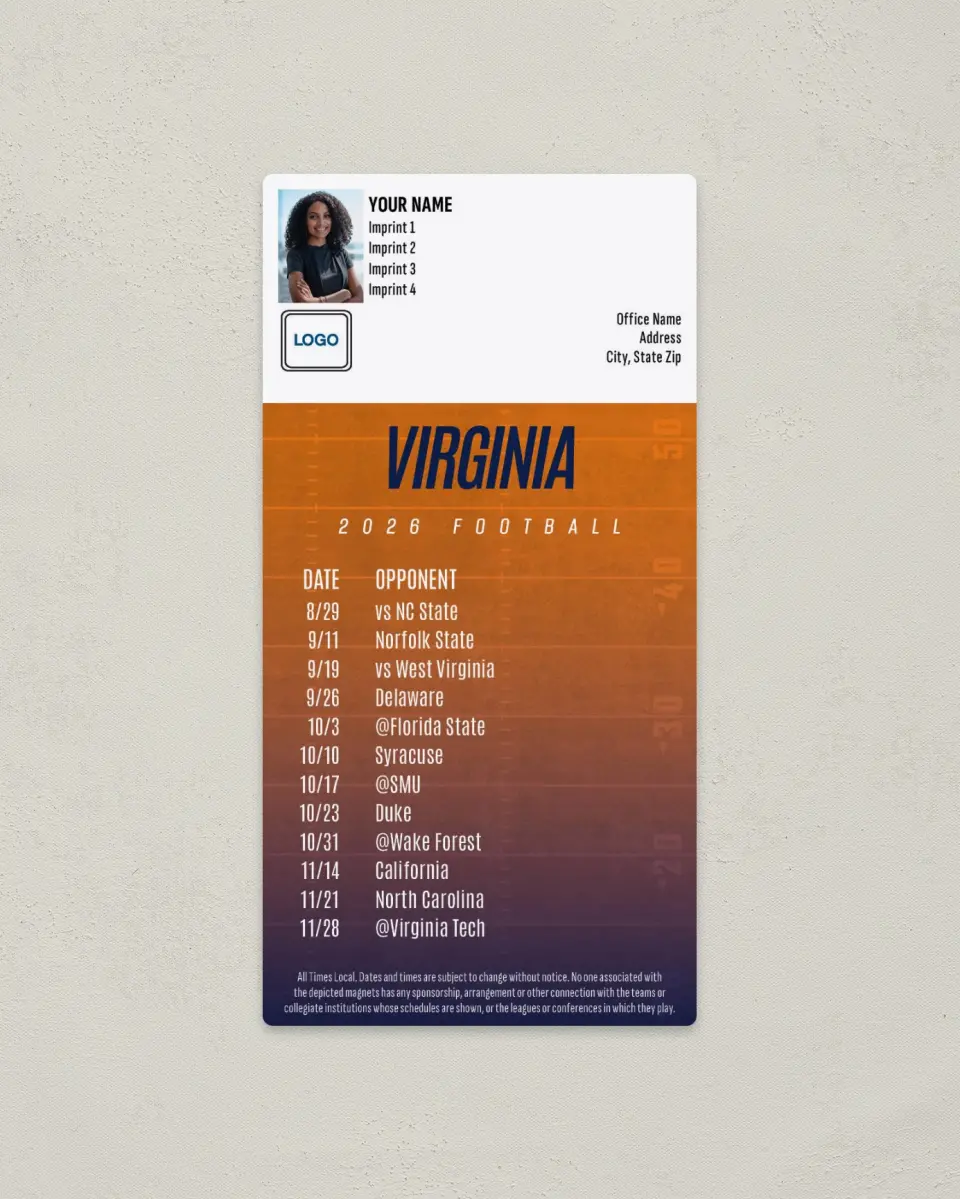 This is a 7" x 3½" Football Schedule Magnet called Virginia Cavaliers printed in full color