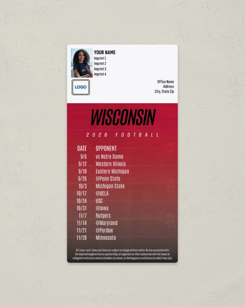This is a 7" x 3½" Football Schedule Magnet called Wisconsin Badgers printed in full color