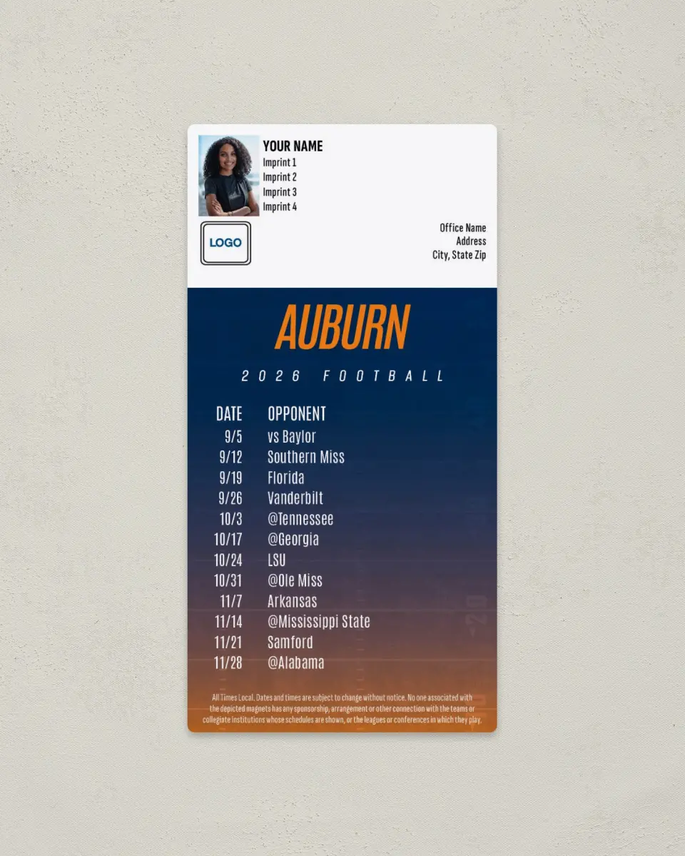 This is a 7" x 3½" Football Schedule Magnet called Auburn Tigers printed in full color