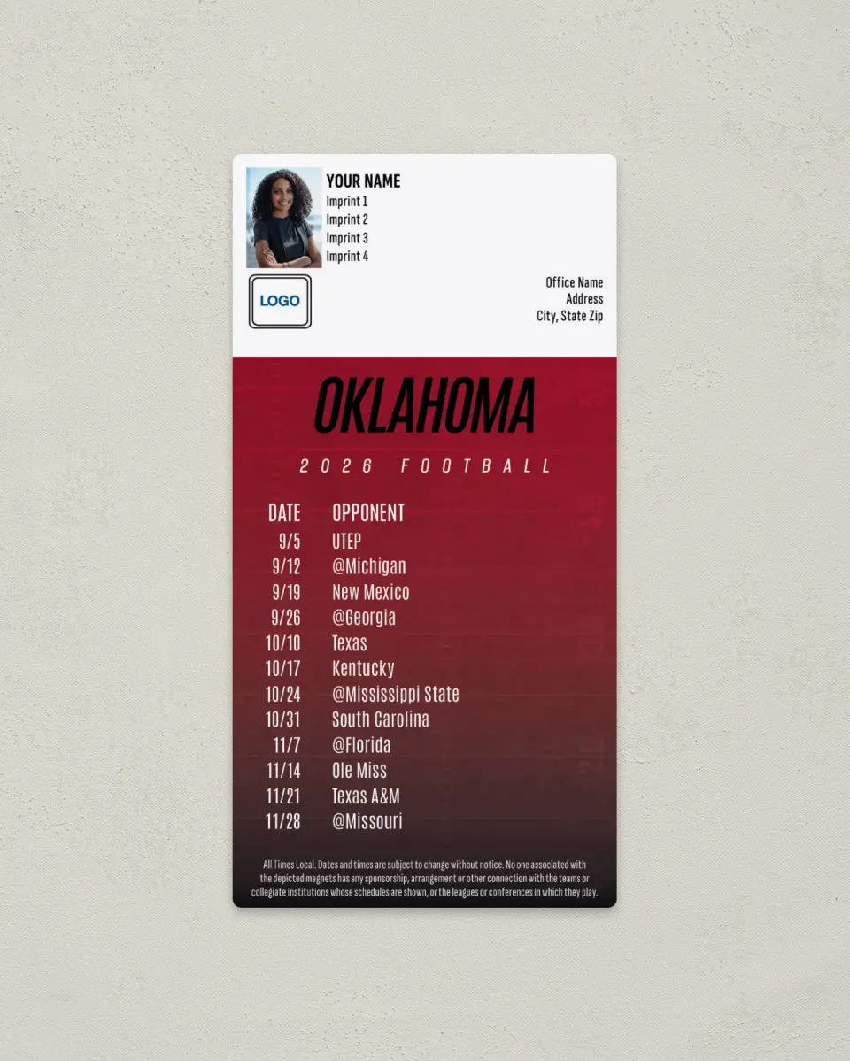 This is a 7" x 3½" Football Schedule Magnet called Oklahoma Sooners printed in full color
