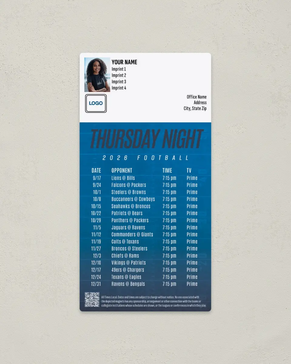 This is a 7" x 3½" Football Schedule Magnet called Thursday Night Football printed in full color