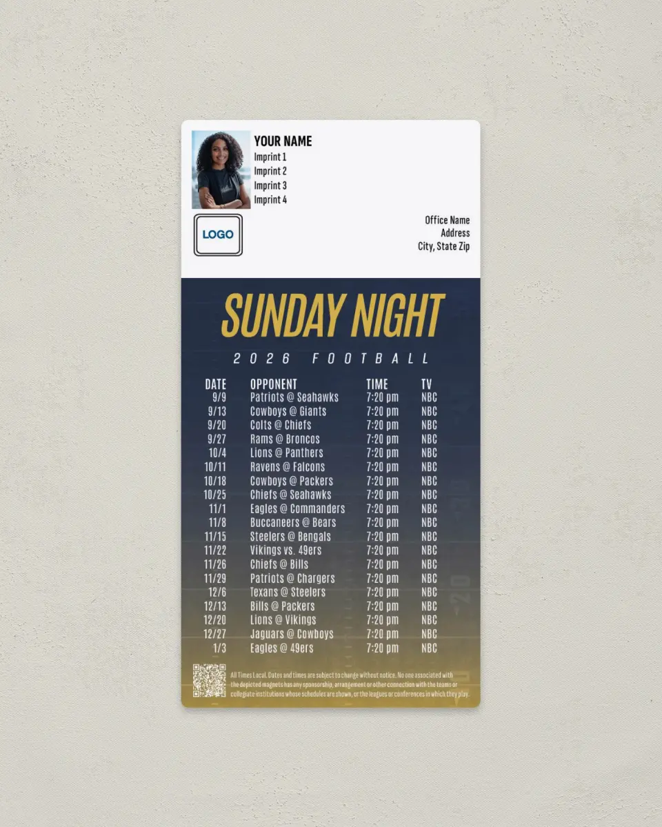 This is a 7" x 3½" Football Schedule Magnet called Sunday Night Football printed in full color