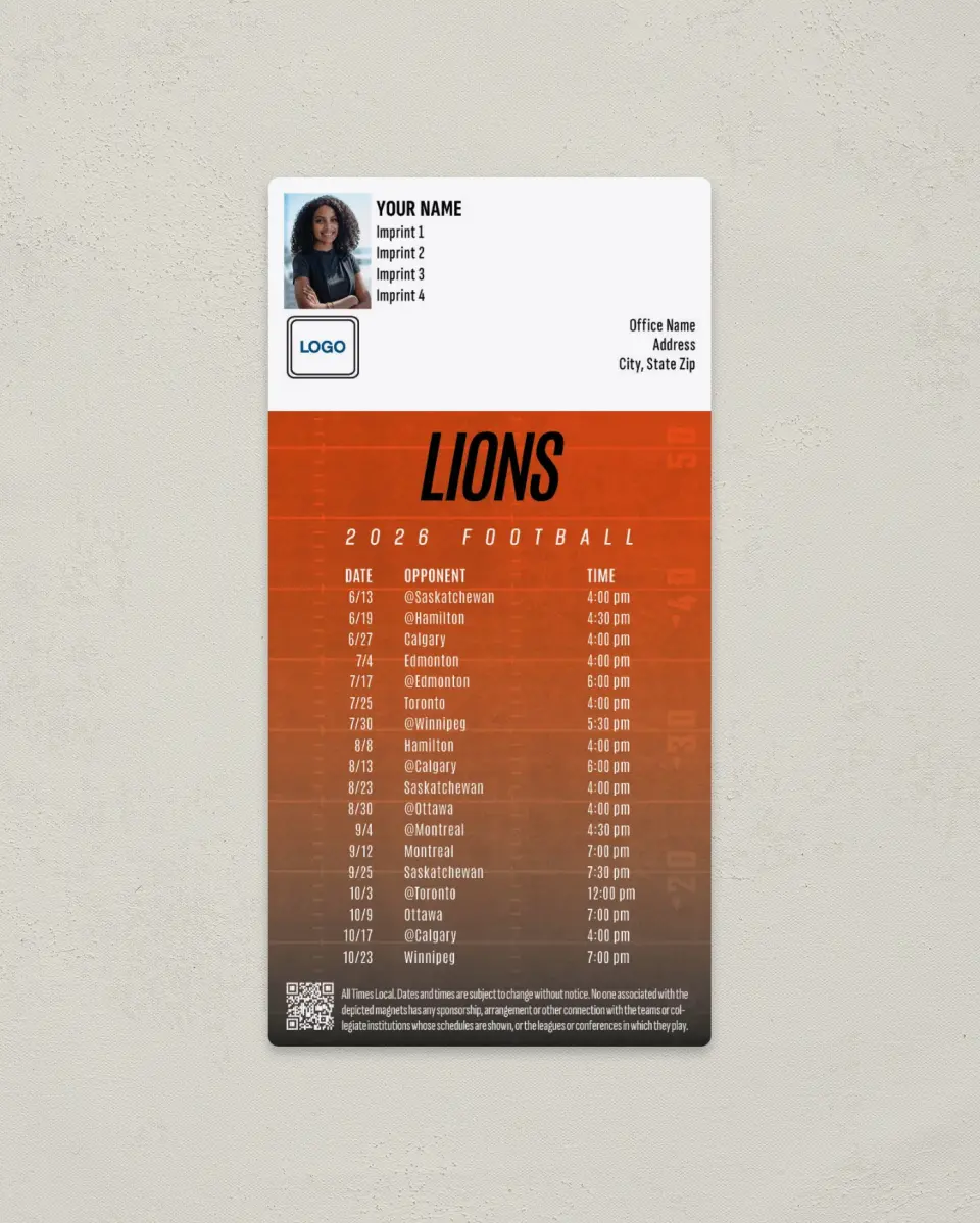 This is a 7" x 3½" Football Schedule Magnet called BC Lions printed in full color