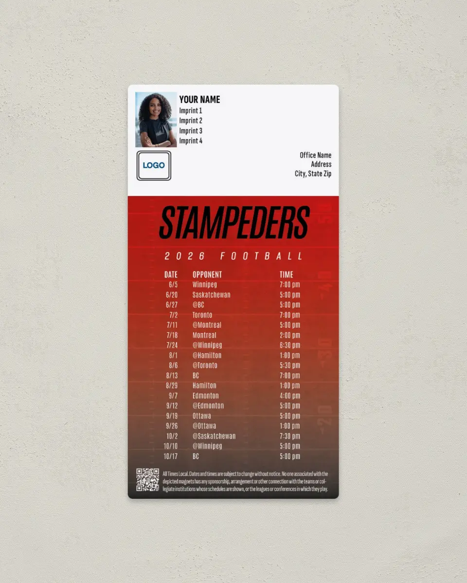 This is a 7" x 3½" Football Schedule Magnet called Calgary Stampeders printed in full color