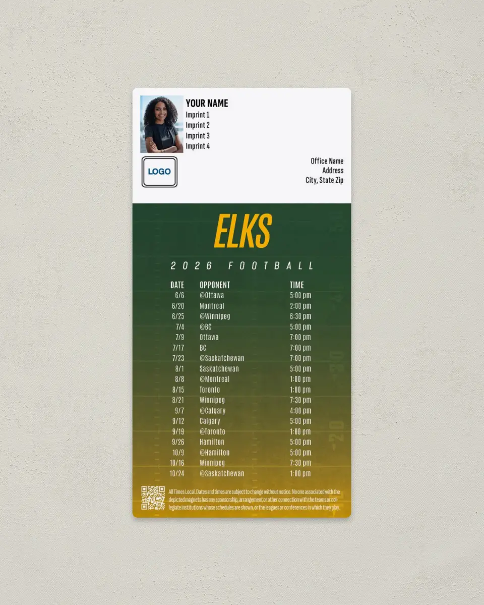 This is a 7" x 3½" Football Schedule Magnet called Edmonton Elks printed in full color