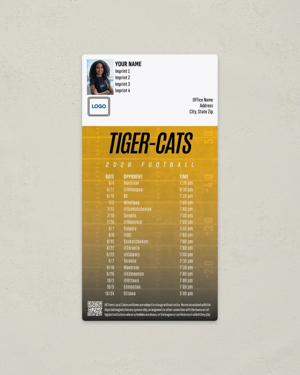This is a 7" x 3½" Football Schedule Magnet called Hamilton Tiger Cats printed in full color