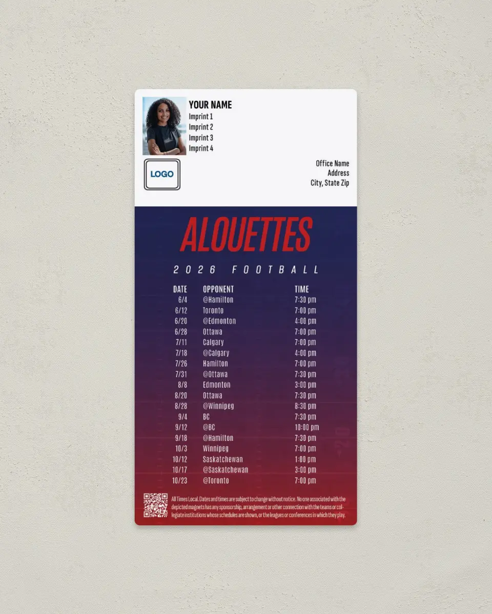This is a 7" x 3½" Football Schedule Magnet called Montreal Alouettes printed in full color