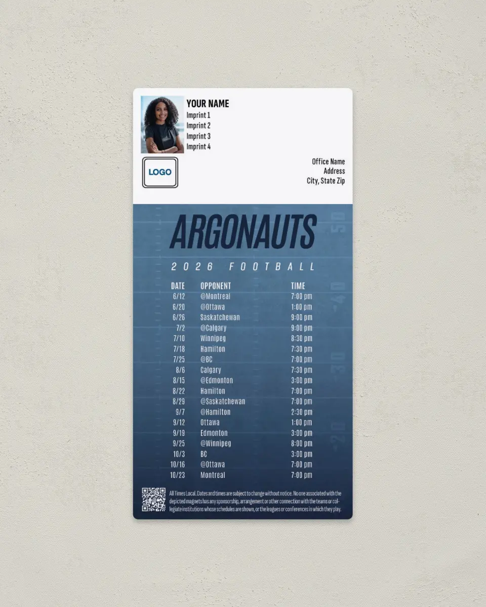 This is a 7" x 3½" Football Schedule Magnet called Toronto Argonauts printed in full color