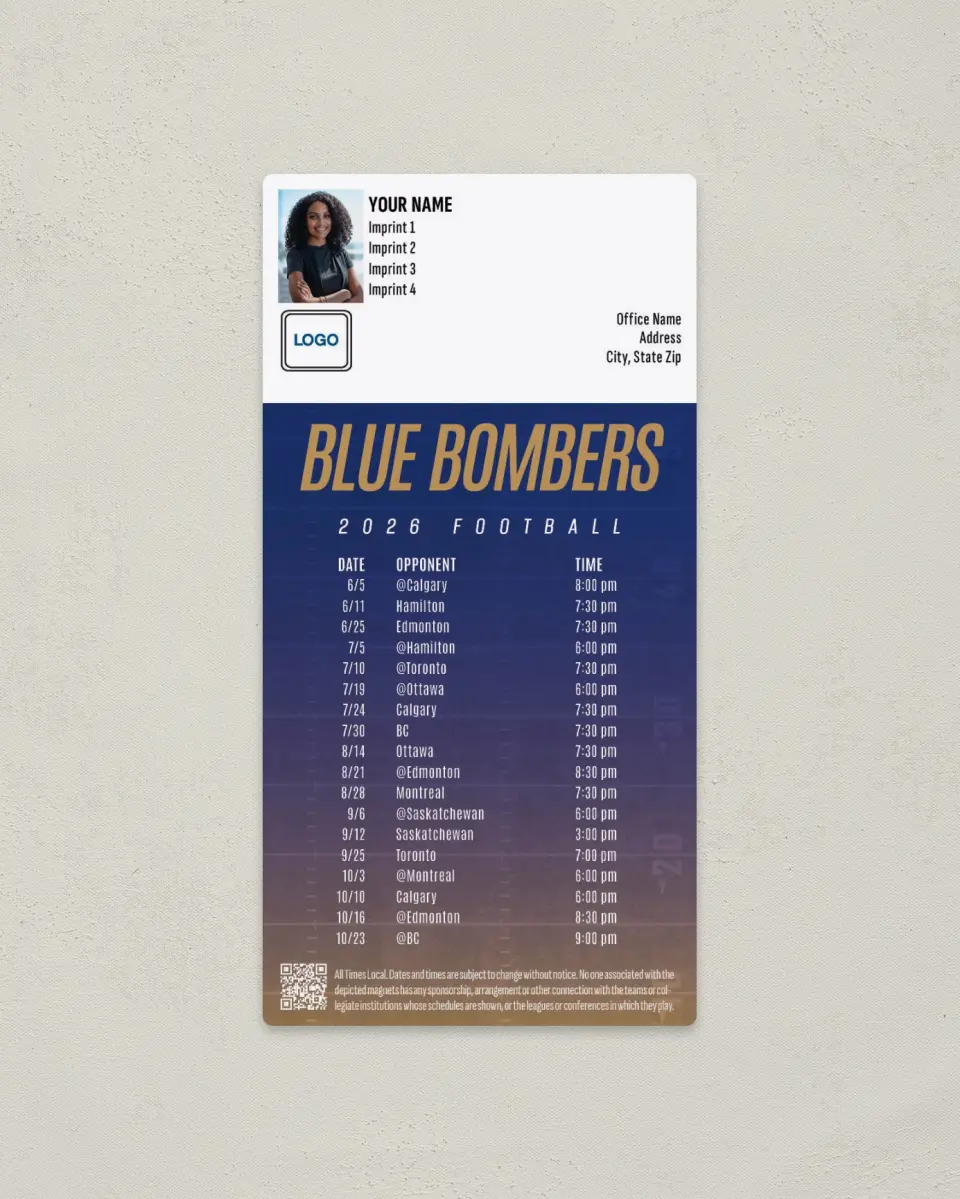 This is a 7" x 3½" Football Schedule Magnet called Winnipeg Blue Bombers printed in full color