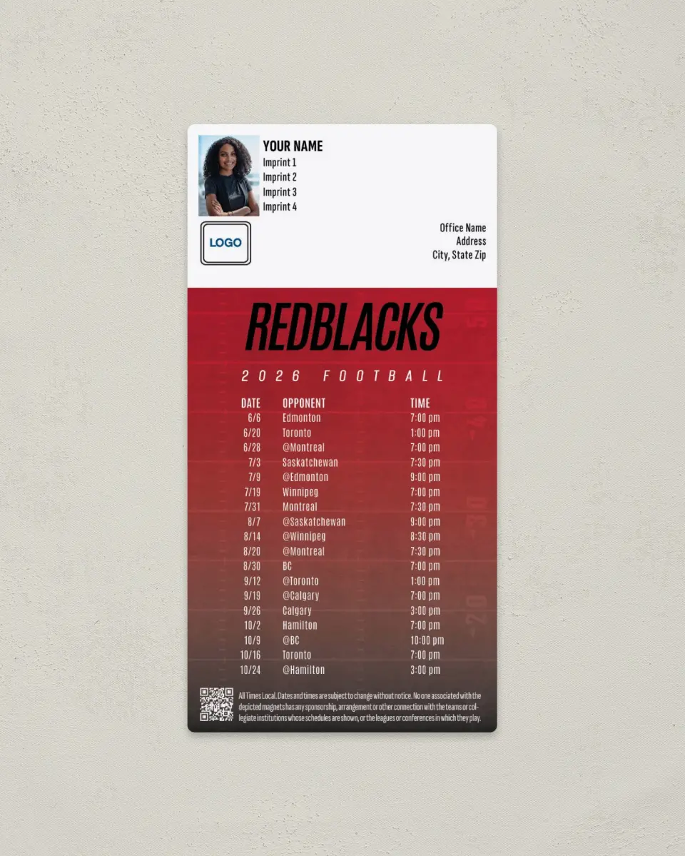 This is a 7" x 3½" Football Schedule Magnet called Ottawa Redblacks printed in full color