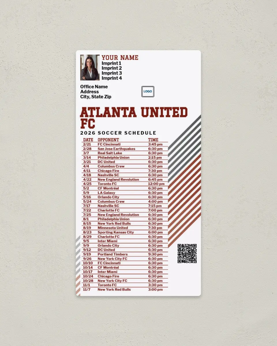This is a 7" x 3½" Soccer Schedule Magnet called Atlanta United FC Soccer Schedule Magnets printed in full color