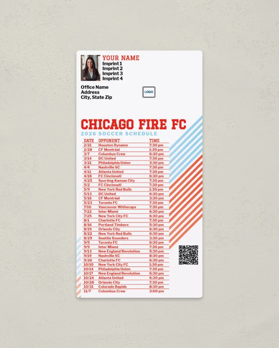 This is a 7" x 3½" Soccer Schedule Magnet called Chicago Fire FC Soccer Schedule Magnets printed in full color