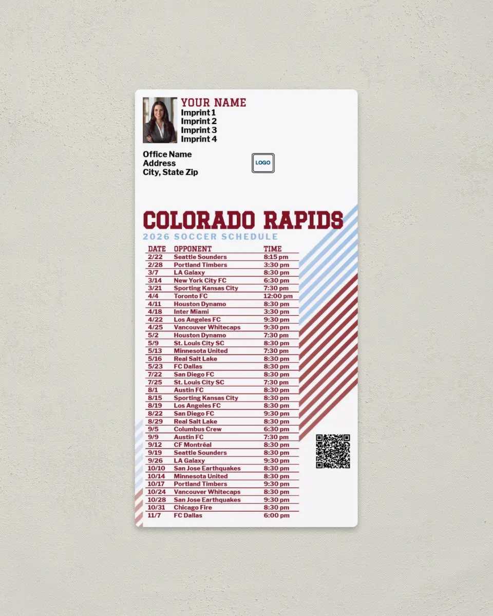 This is a 7" x 3½" Soccer Schedule Magnet called Colorado Rapids Soccer Schedule Magnets printed in full color