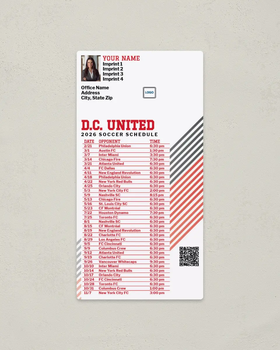 This is a 7" x 3½" Soccer Schedule Magnet called D.C. United Soccer Schedule Magnets printed in full color
