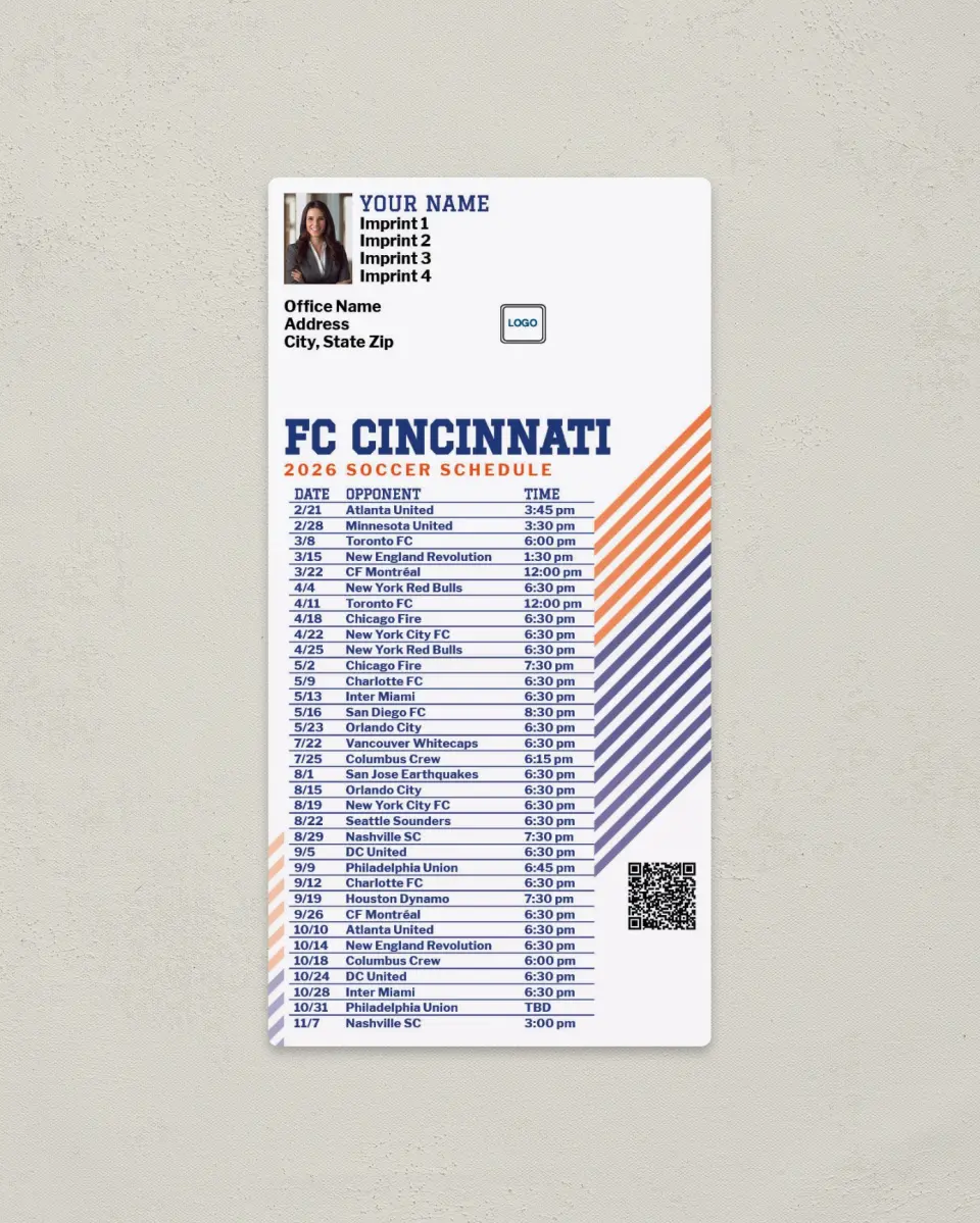 This is a 7" x 3½" Soccer Schedule Magnet called FC Cincinnati Soccer Schedule Magnets printed in full color