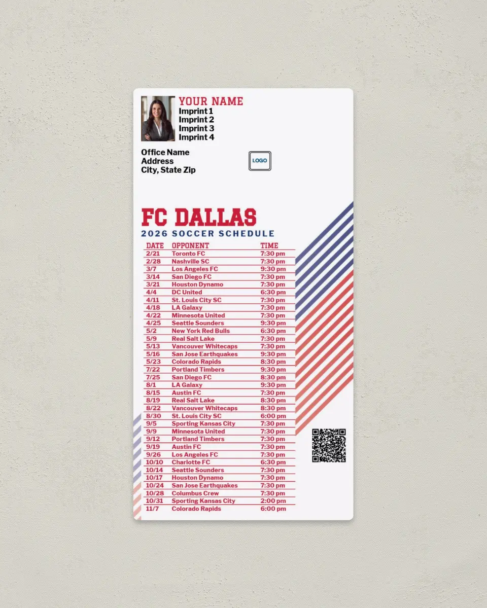 This is a 7" x 3½" Soccer Schedule Magnet called FC Dallas Soccer Schedule Magnets printed in full color
