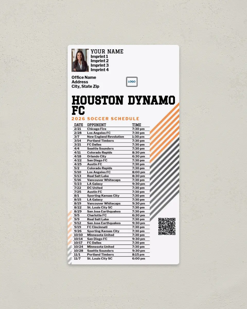 This is a 7" x 3½" Soccer Schedule Magnet called Houston Dynamo FC Soccer Schedule Magnets printed in full color