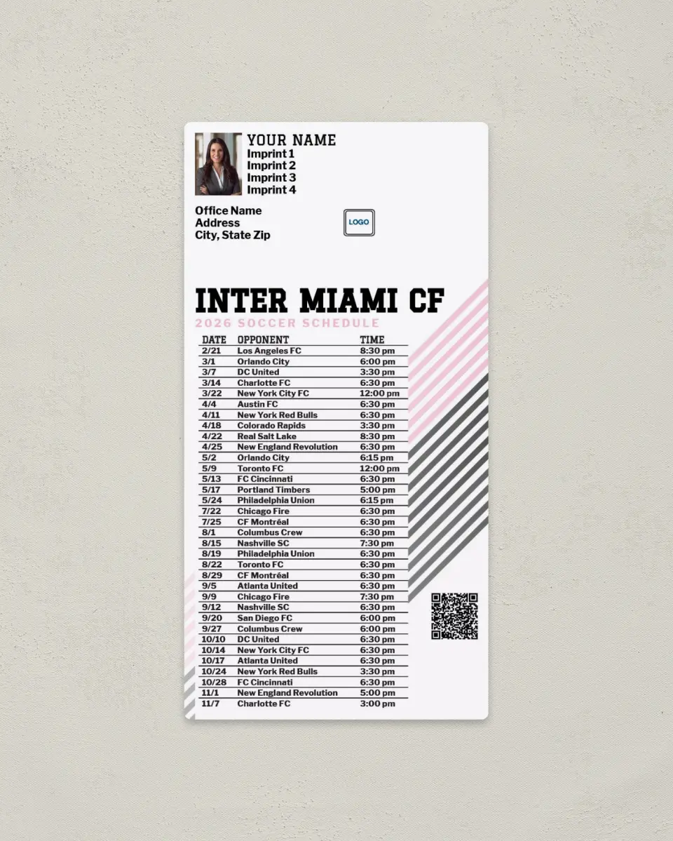 This is a 7" x 3½" Soccer Schedule Magnet called Inter Miami CF Soccer Schedule Magnets printed in full color