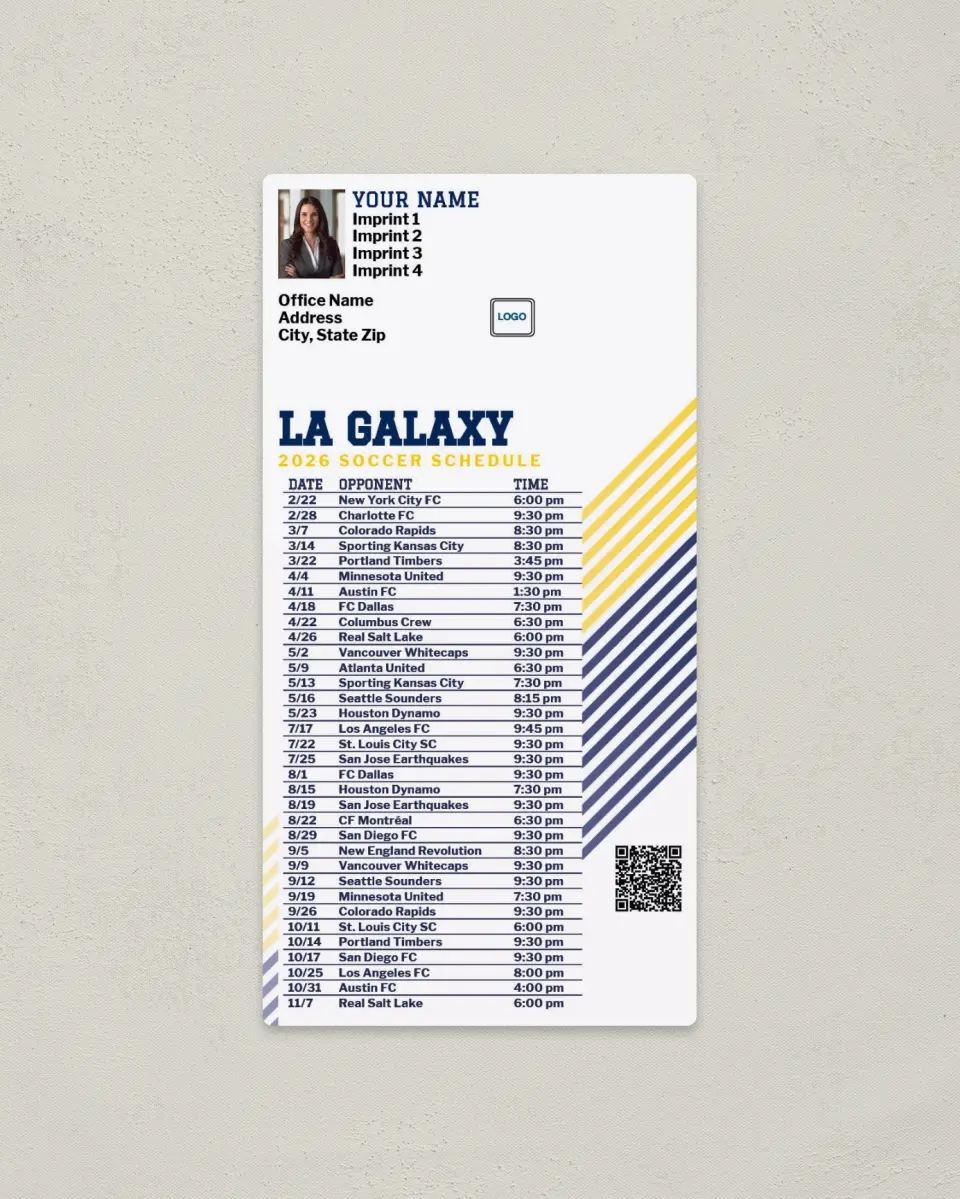This is a 7" x 3½" Soccer Schedule Magnet called LA Galaxy Soccer Schedule Magnets printed in full color