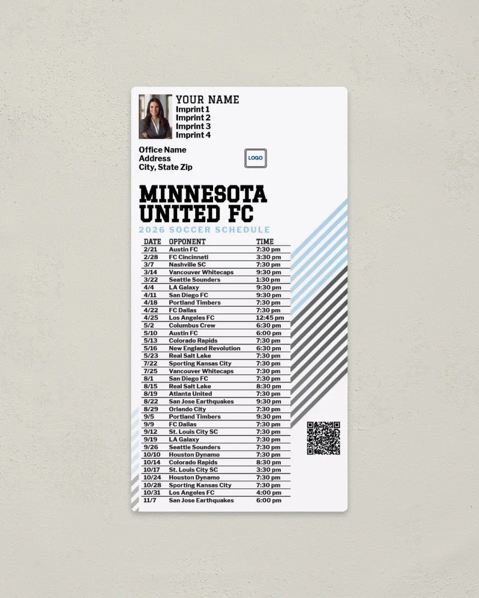 This is a 7" x 3½" Soccer Schedule Magnet called Minnesota United FC Soccer Schedule Magnets printed in full color