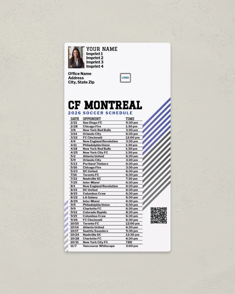 This is a 7" x 3½" Soccer Schedule Magnet called CF Montreal Soccer Schedule Magnets printed in full color