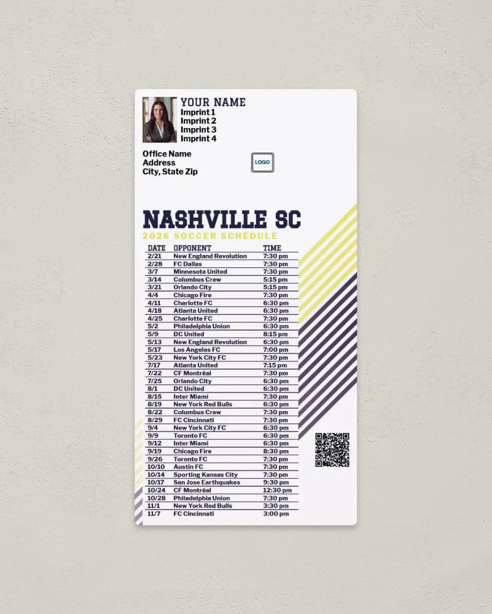 This is a 7" x 3½" Soccer Schedule Magnet called Nashville SC Soccer Schedule Magnets printed in full color