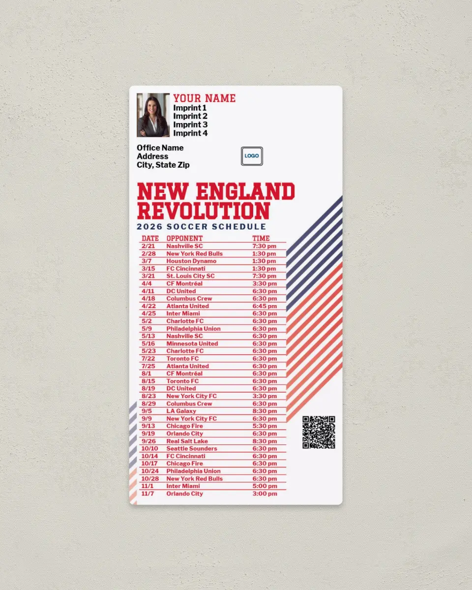 This is a 7" x 3½" Soccer Schedule Magnet called New England Revolution Soccer Schedule Magnets printed in full color