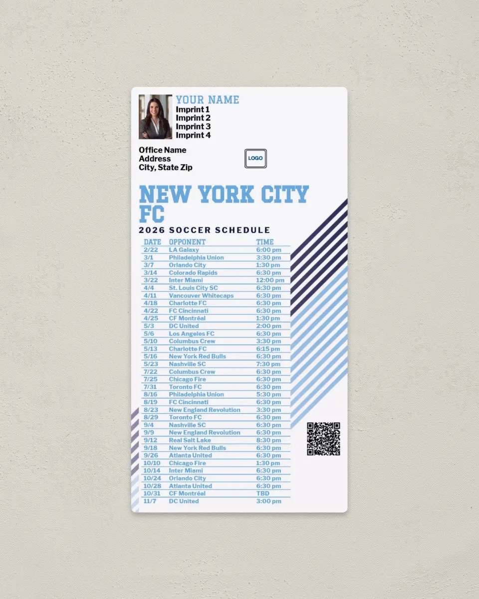 This is a 7" x 3½" Soccer Schedule Magnet called New York City FC Soccer Schedule Magnets printed in full color