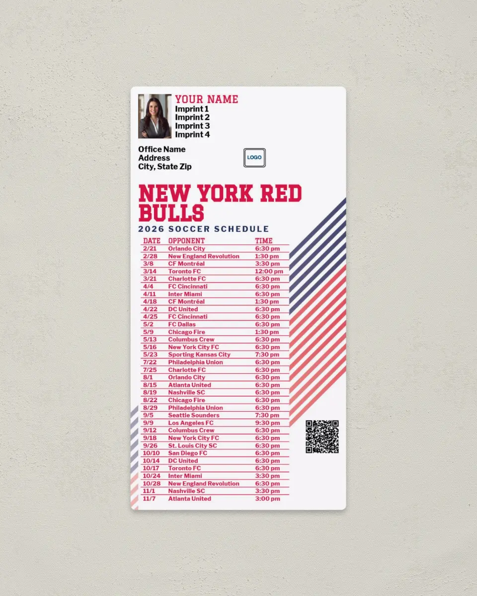 This is a 7" x 3½" Soccer Schedule Magnet called New York Red Bulls Soccer Schedule Magnets printed in full color