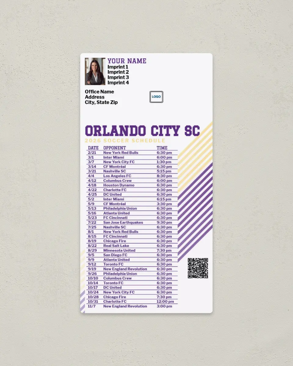This is a 7" x 3½" Soccer Schedule Magnet called Orlando City SC Soccer Schedule Magnets printed in full color