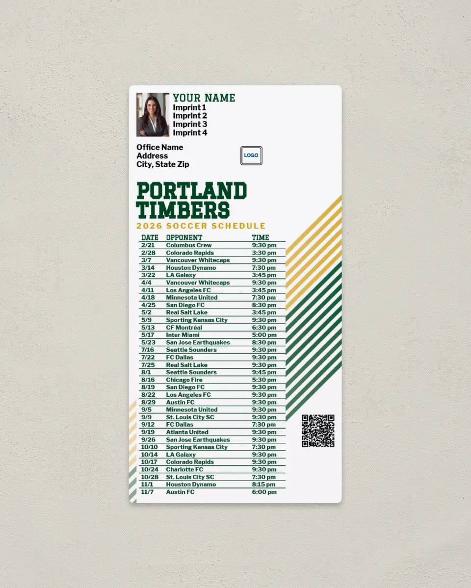 This is a 7" x 3½" Soccer Schedule Magnet called Portland Timbers Soccer Schedule Magnets printed in full color