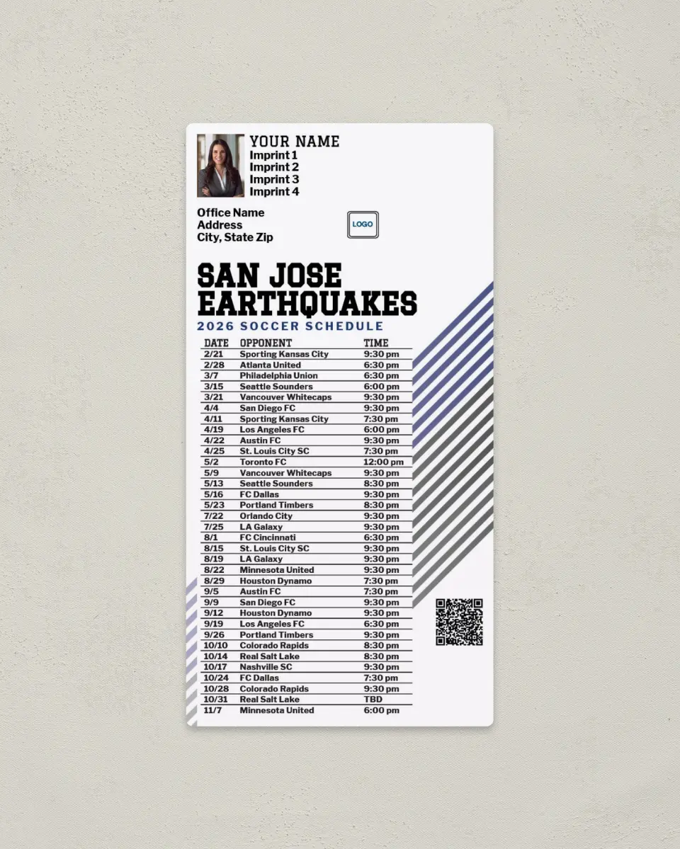 This is a 7" x 3½" Soccer Schedule Magnet called San Jose Earthquakes Soccer Schedule Magnets printed in full color