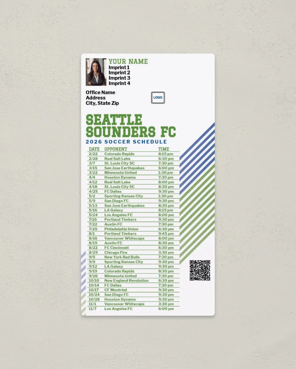 This is a 7" x 3½" Soccer Schedule Magnet called Seattle Sounders FC Soccer Schedule Magnets printed in full color