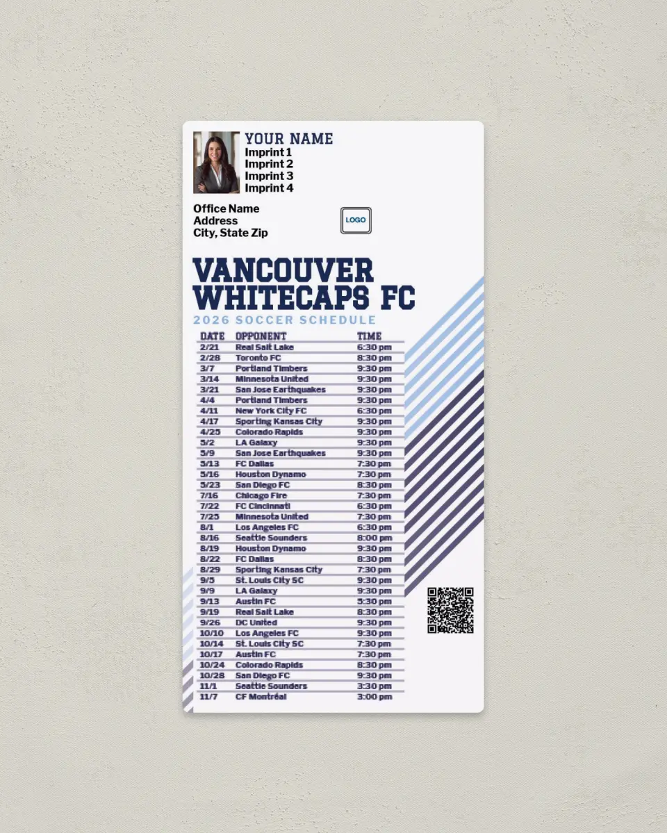 This is a 7" x 3½" Soccer Schedule Magnet called Vancouver Whitecaps FC Soccer Schedule Magnets printed in full color