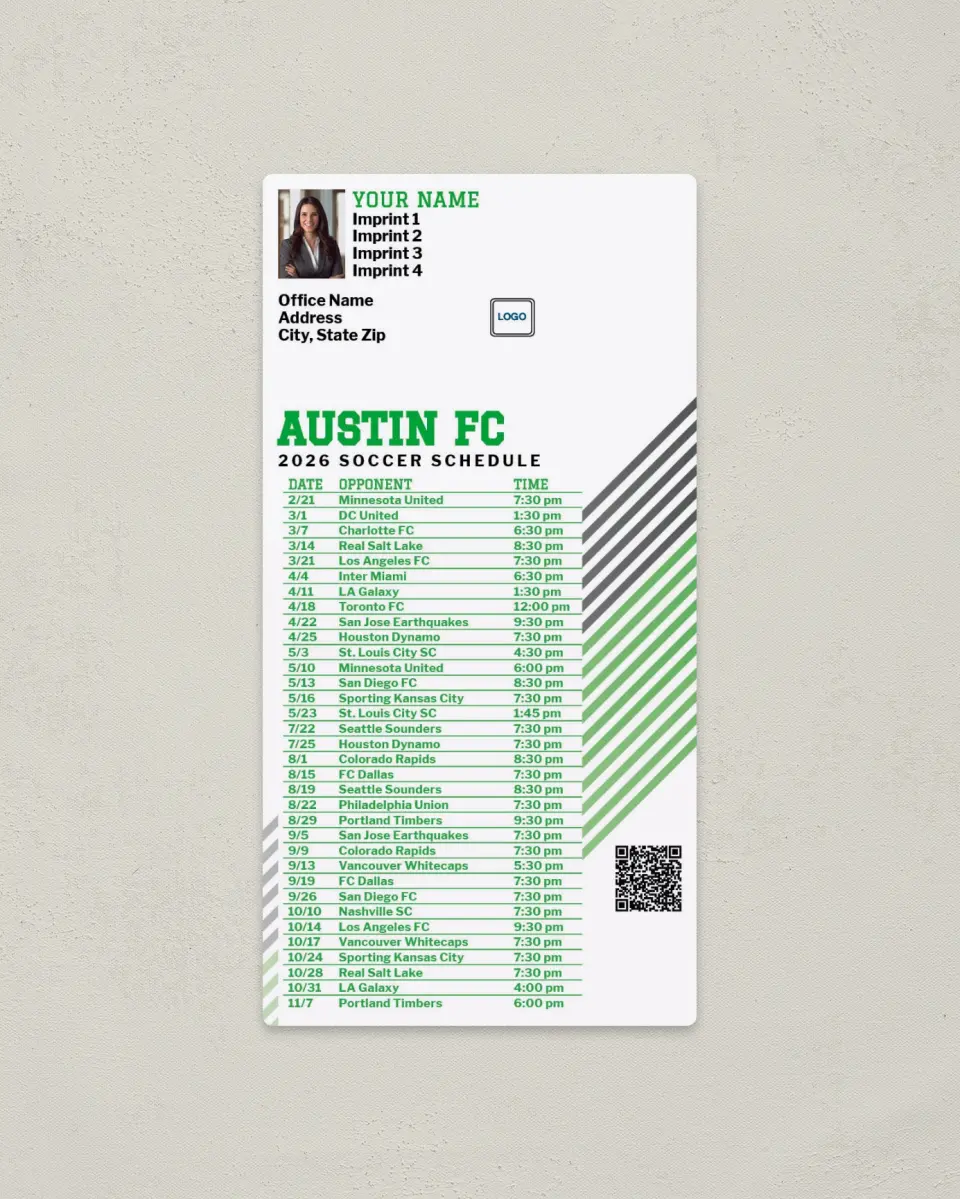 This is a 7" x 3½" Soccer Schedule Magnet called Austin FC Soccer Schedule Magnets printed in full color