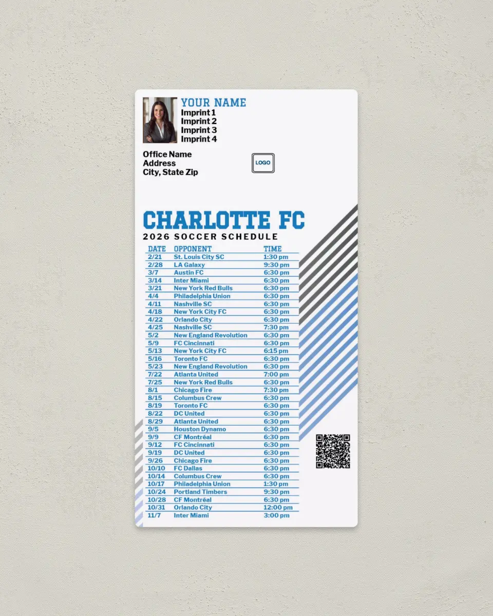 This is a 7" x 3½" Soccer Schedule Magnet called Charlotte FC Soccer Schedule Magnets printed in full color