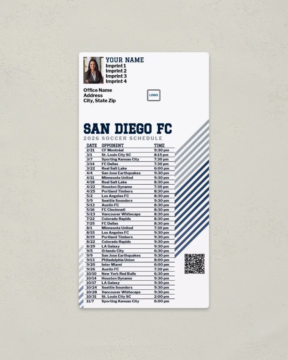 This is a 7" x 3½" Soccer Schedule Magnet called San Diego FC Soccer Schedule Magnets printed in full color