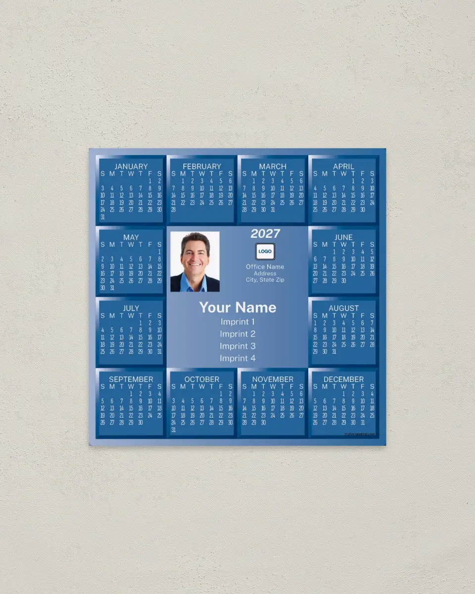 This is a 5½" x 5½" Full Magnet Calendar called Blue Background printed in full color with a Standard Gloss finish