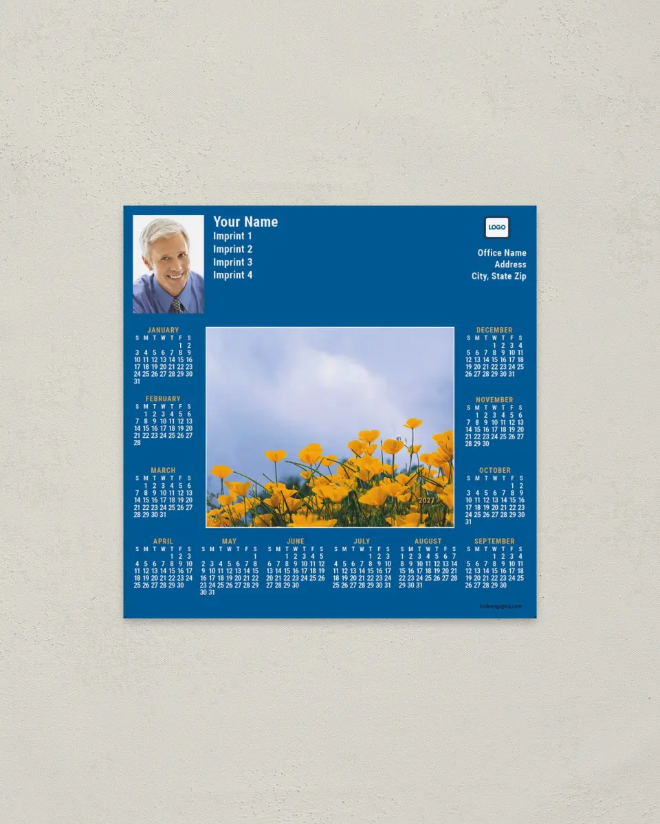 This is a 5½" x 5½" Full Magnet Calendar called Poppies with Blue Border printed in full color with a Standard Gloss finish