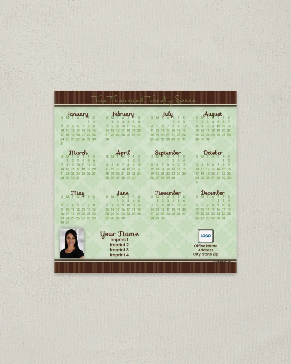 This is a 5½" x 5½" Full Magnet Calendar called Pale Green Pattern and Brown Stripes printed in full color with a Standard Gloss finish